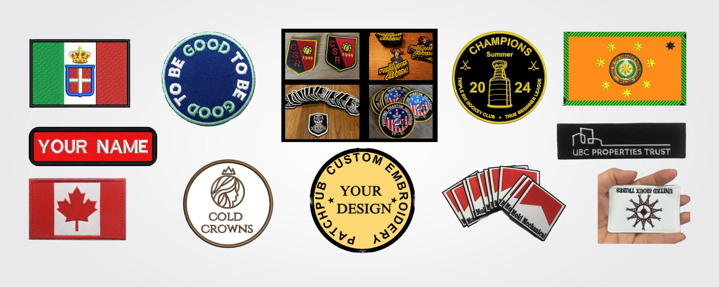 Custom embroidered patch sample with velcro and iron-on backing
