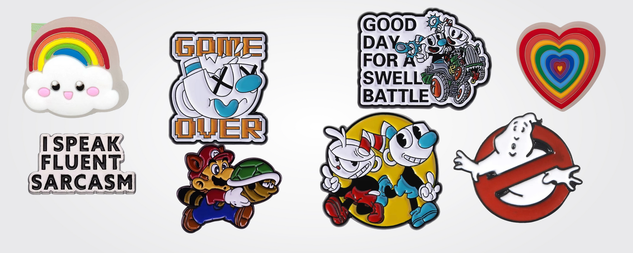 Colorful enamel pins β kawaii, punk, anime, and funny designs
