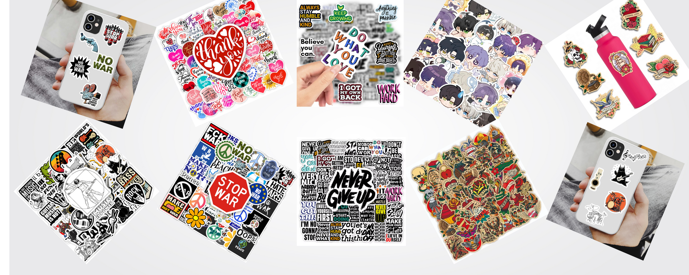 Colorful vinyl sticker packs in mixed themes β anime, kawaii, punk, motivational, and more