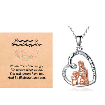 Heart-shaped pendant with rose gold and silver design, 'Grandma & Granddaughter' message card.