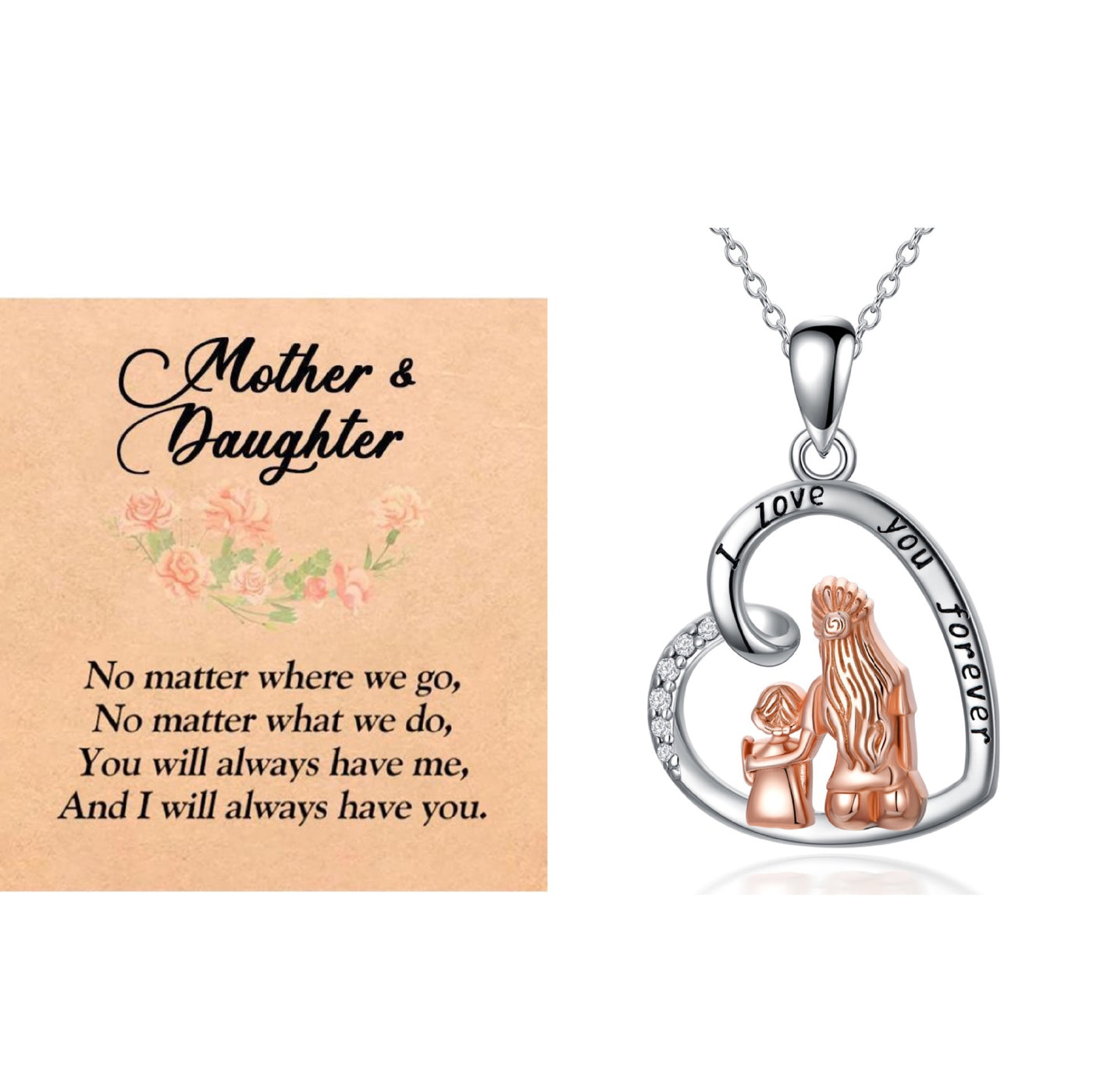 Heart-shaped necklace with two figures and a sentimental card on a white background
