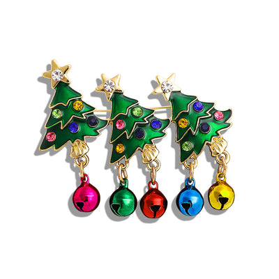 Christmas tree earrings with colorful jingle bells on a white background