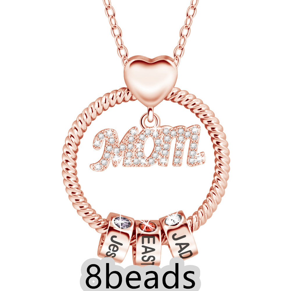 Rose gold necklace with 'Mom' and three name bars on a white background 8 beads
