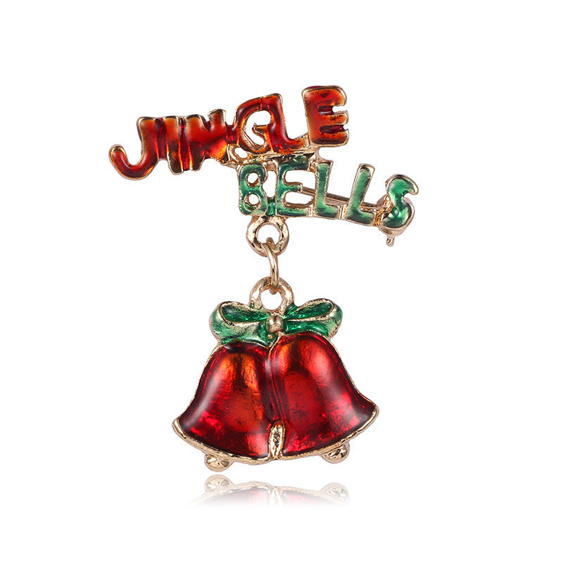 Brooch with red bells and 'Jingle Bells' text on a white background