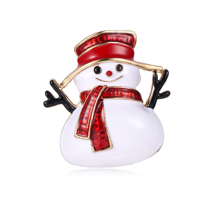 Snowman brooch with red hat and scarf on a white background