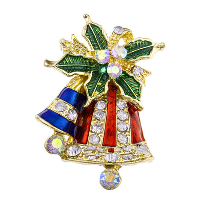 Colorful bell brooch with green leaves and gemstones on a white background