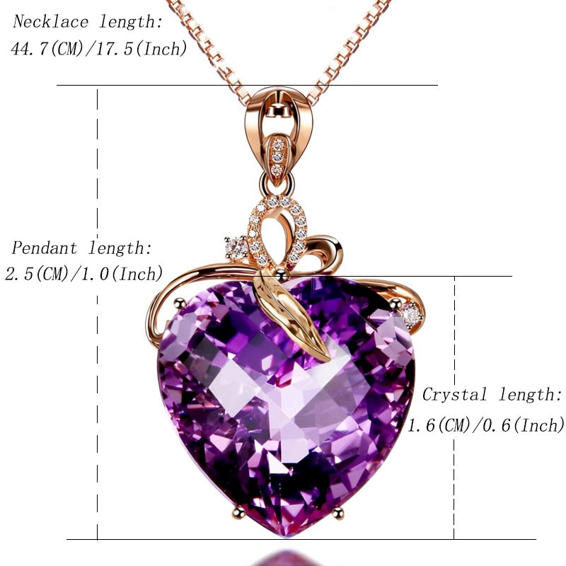 Purple heart-shaped pendant necklace with measurements on a white background