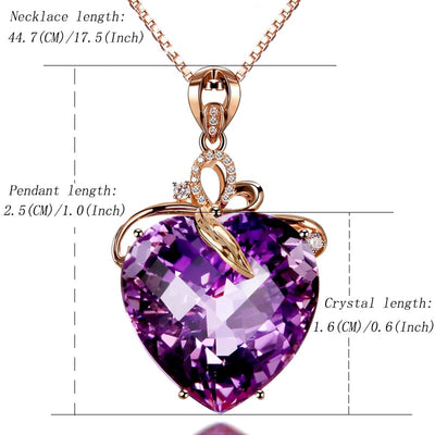 Purple heart-shaped pendant necklace with measurements on a white background
