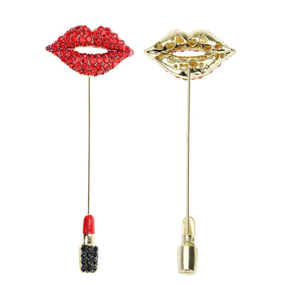 Red lip-shaped pins, and its back view on a white background.