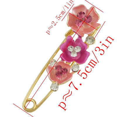 Floral brooch with pink and purple flowers and gold accents, shown with measurements on a white background.