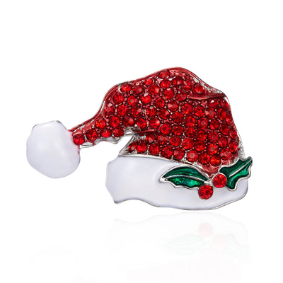 Red rhinestone Santa hat with white base and green holly leaves on a white background
