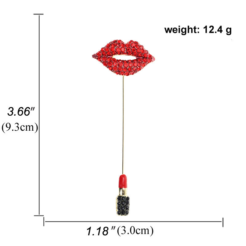 Red lip-shaped brooch with measurements and weight on a white background