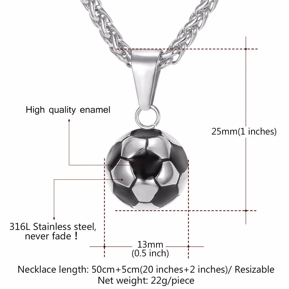 Silver soccer ball pendant necklace with measurements and material details on a white background