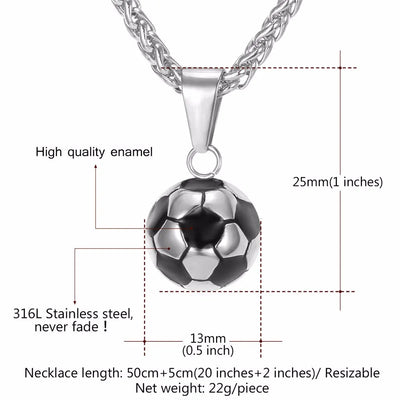 Silver soccer ball pendant necklace with measurements and material details on a white background