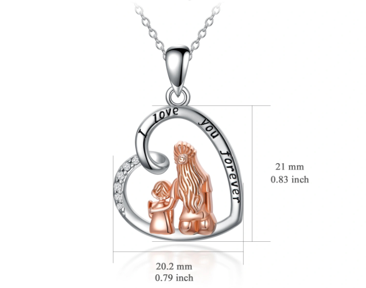 Heart-shaped pendant with mother and daughter and 'I love you forever' text, shown with measurements on a white background.