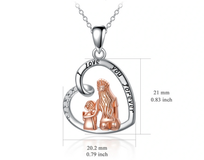 Heart-shaped pendant with mother and daughter and 'I love you forever' text, shown with measurements on a white background.