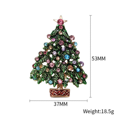 Christmas tree-shaped brooch with colorful gemstones and measurements on a white background