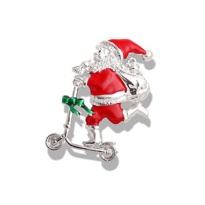 Metallic Santa Claus figure on a scooter with red hat and green broomstick on a white background