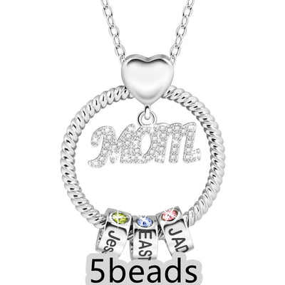 Silver necklace with 'Mom' pendant and '5 beads' text on a white background 5  beads