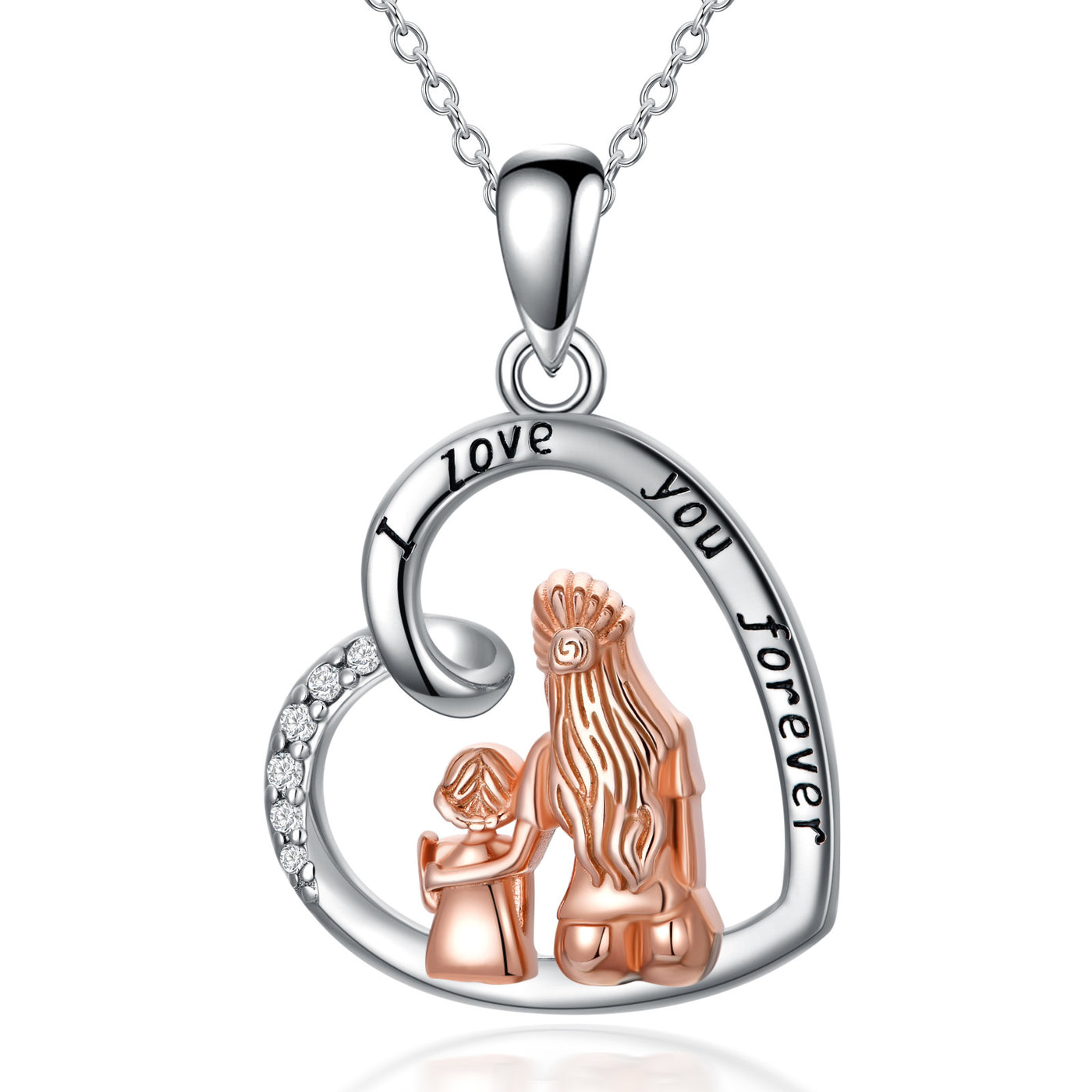 Silver necklace with heart-shaped pendant featuring a dog and cat, engraved with 'I love you forever'.