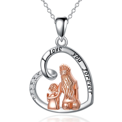 Silver necklace with heart-shaped pendant featuring a dog and cat, engraved with 'I love you forever'.