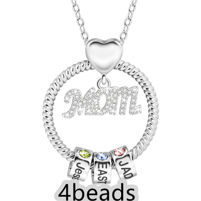 Silver necklace with heart pendant and name beads on a white background 4 beads