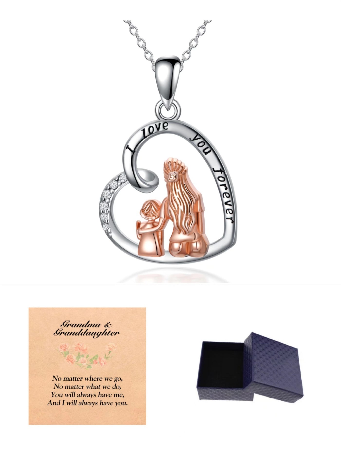 Heart-shaped necklace with mother and daughter design, 'I love you forever' text, and a card with message.