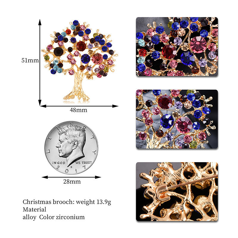 Colorful tree-shaped brooch with measurements and material details on a white background