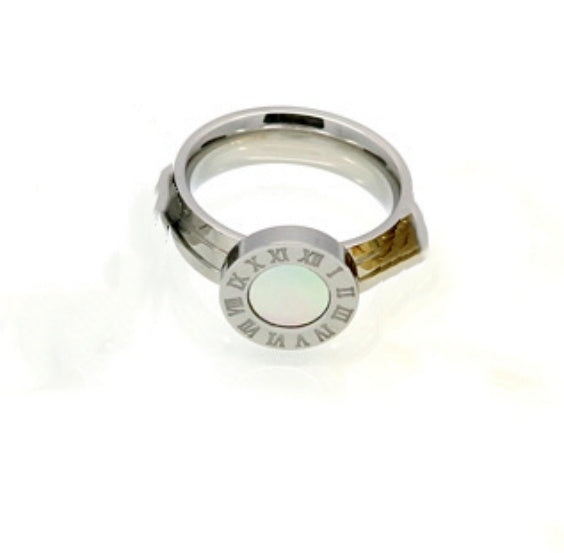 🔢 Roman Numeral Ring — Stainless Steel, Shell/Agate (US 6–10)