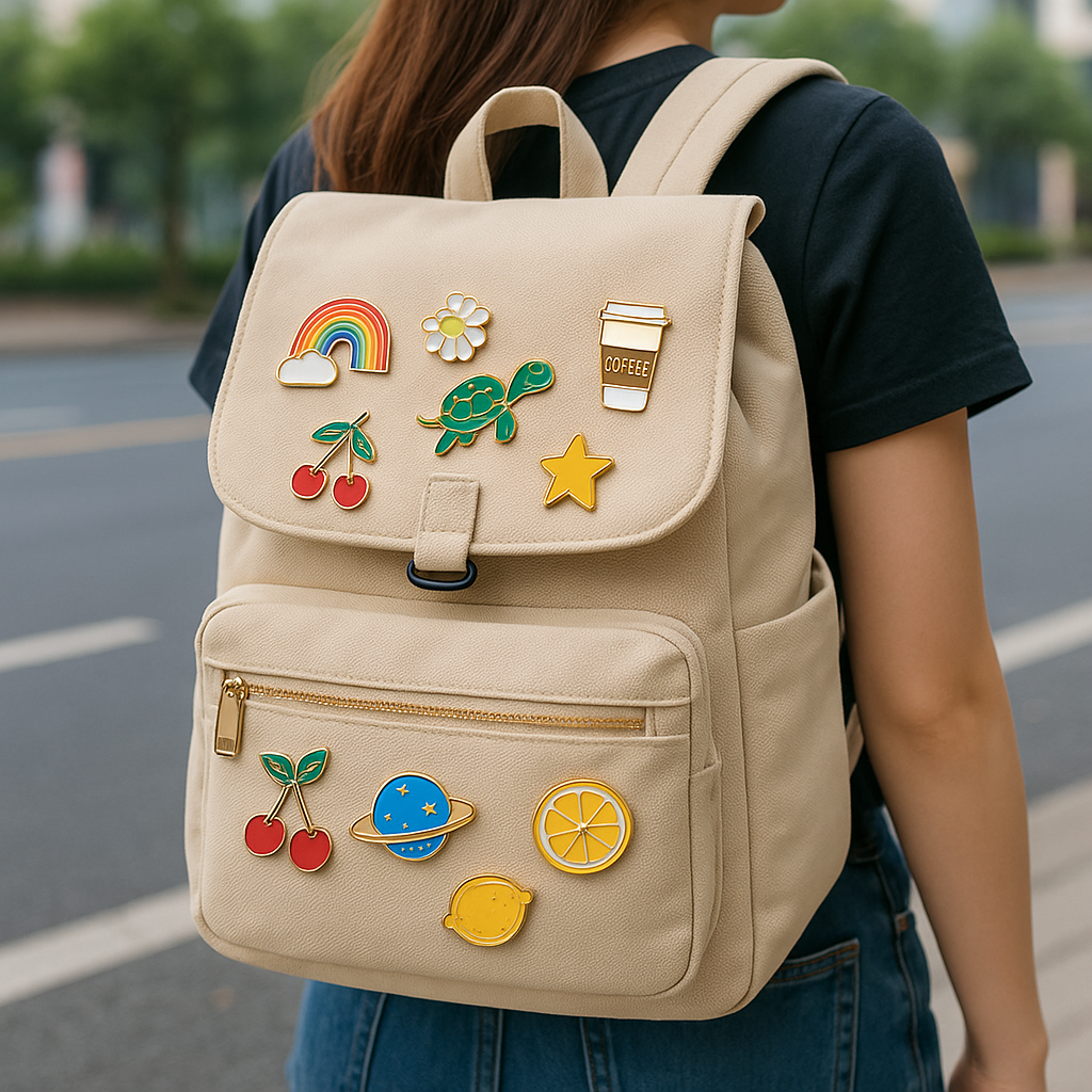Beige backpack with colorful decorative pins worn by a person outdoors.