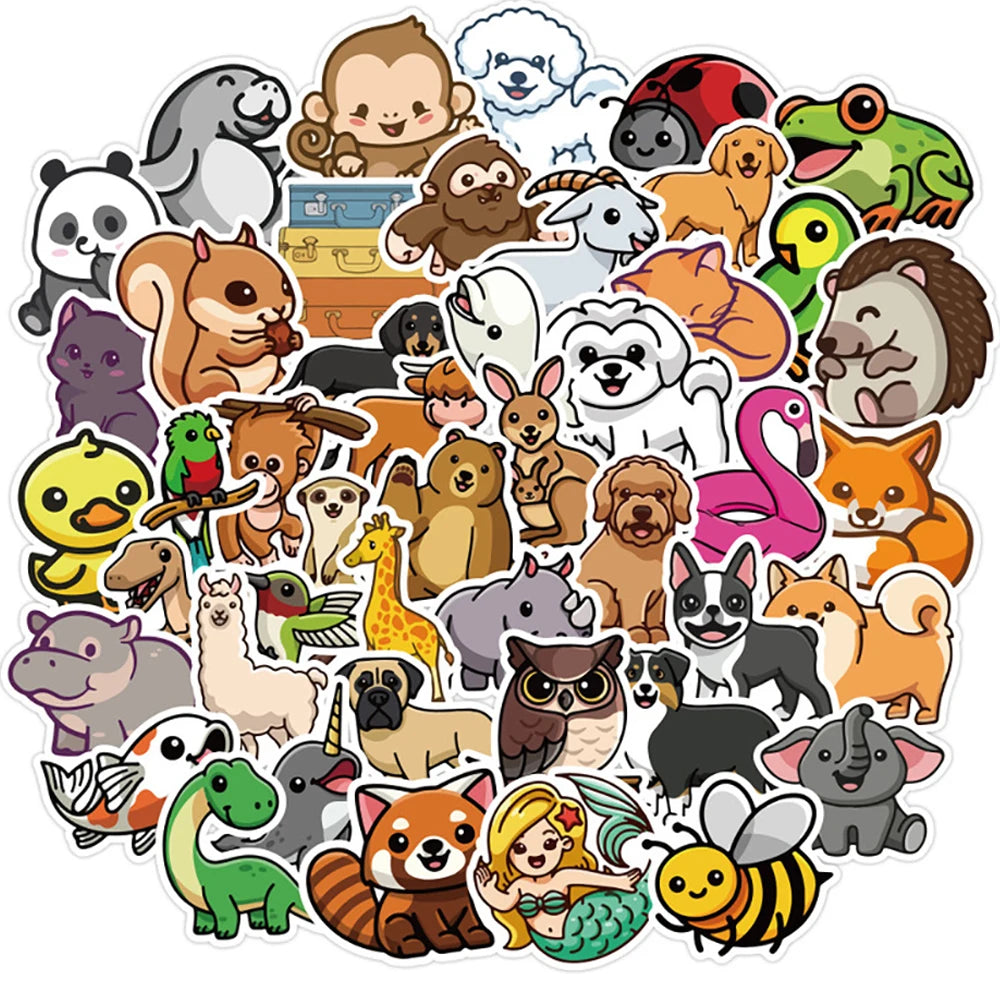 Collection of colorful animal stickers on a white background