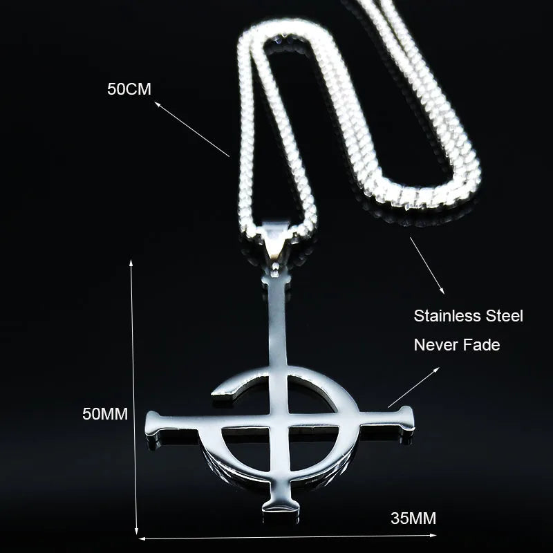Silver pendant necklace with measurements on a black background
