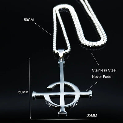 Silver pendant necklace with measurements on a black background