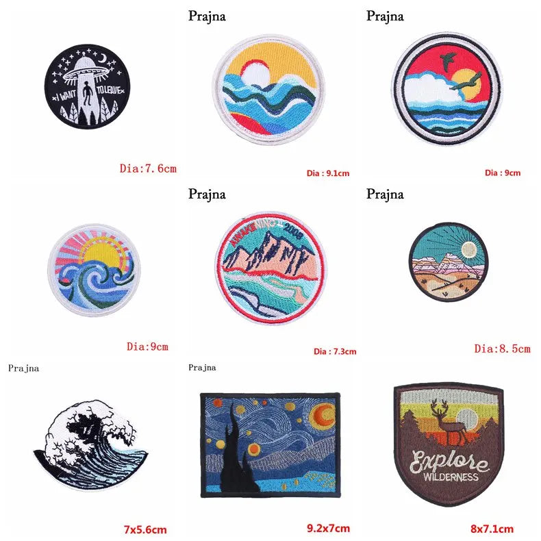 Collection of various round and square patches with different designs and sizes on a white background.