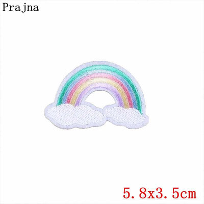 Colorful rainbow and cloud design patch with dimensions on a white background