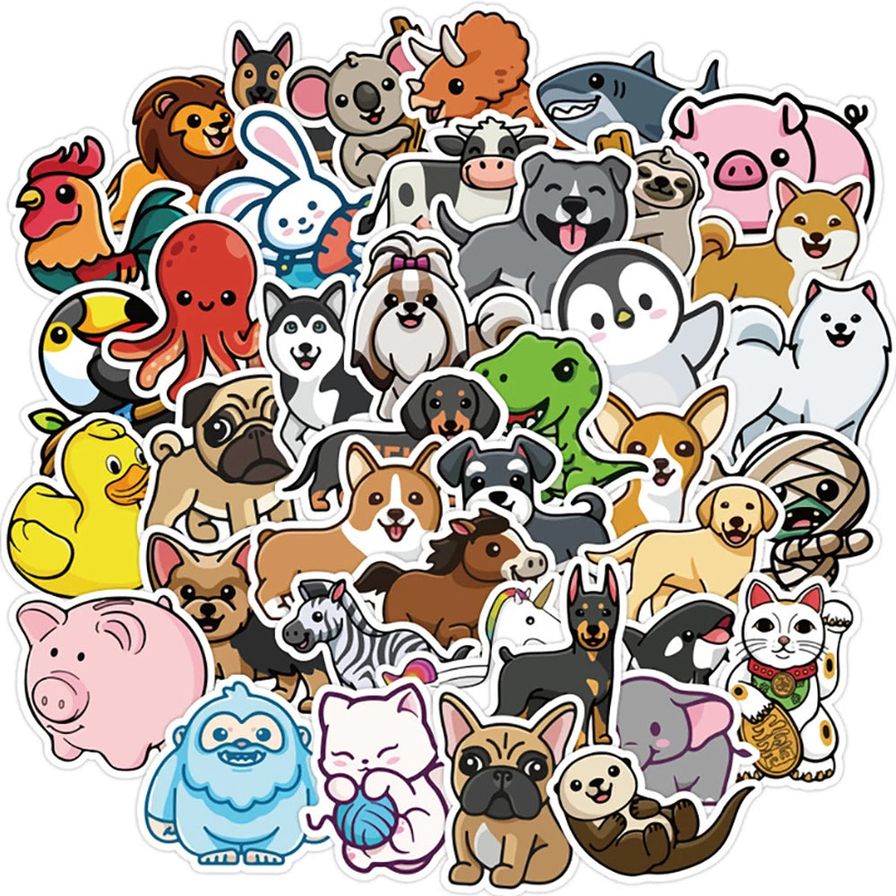 Collection of various cartoon animal stickers on a white background
