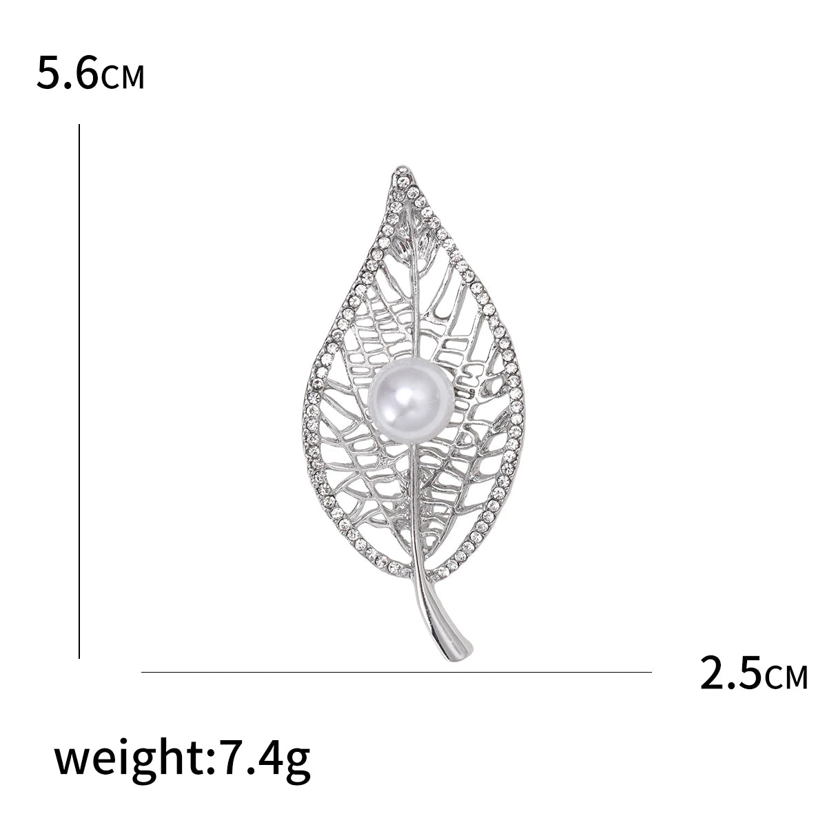 Silver leaf-shaped brooch with pearl center and measurements on a white background