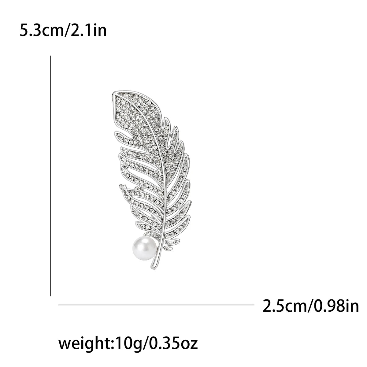 Silver feather-shaped brooch with pearl center and measurements on a white background