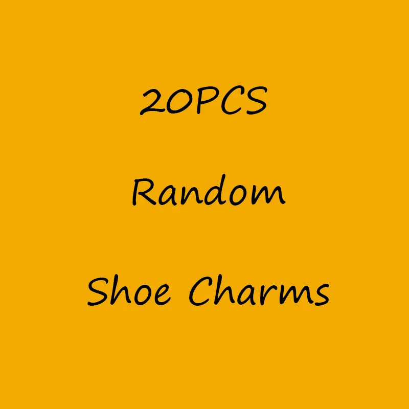 Text '20PCS Random Shoe Charms' on a yellow background
