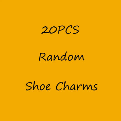 Text '20PCS Random Shoe Charms' on a yellow background
