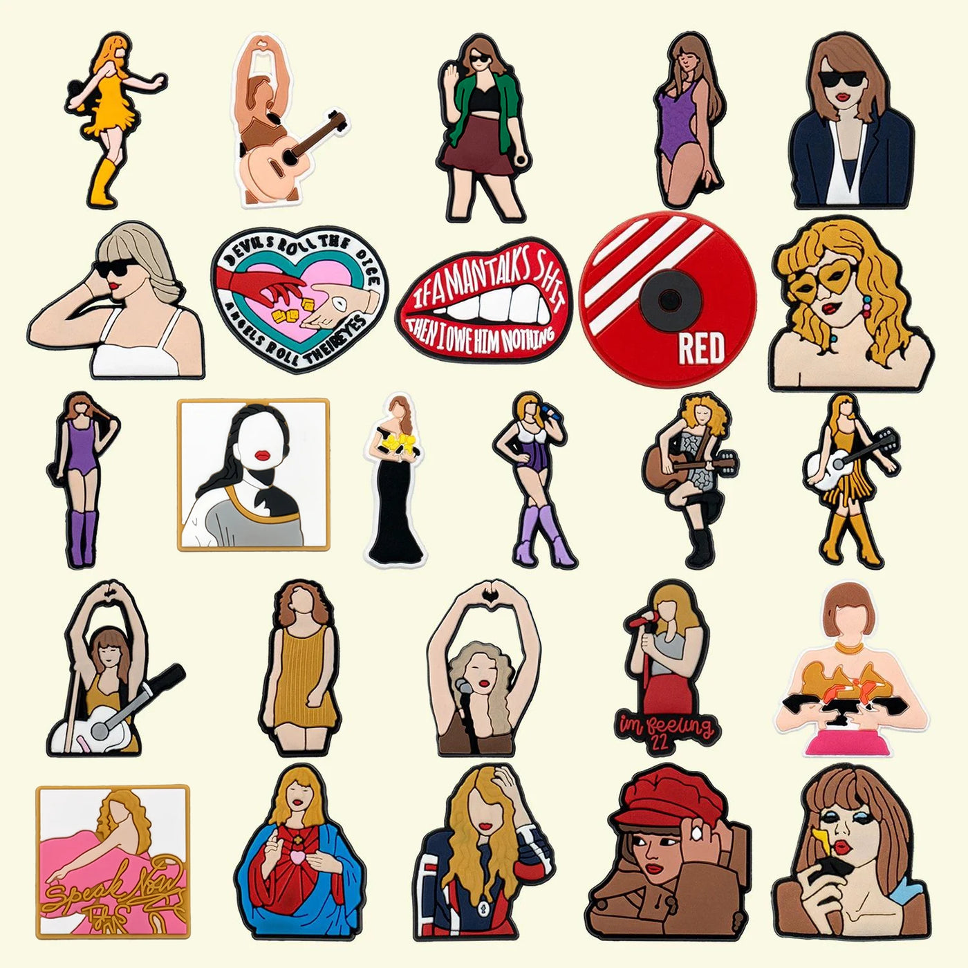 Collection of Shoe charms   featuring various poses and designs on a beige background