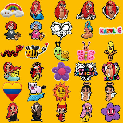 Collection of colorful cartoon shoe charms and logos on a yellow background
