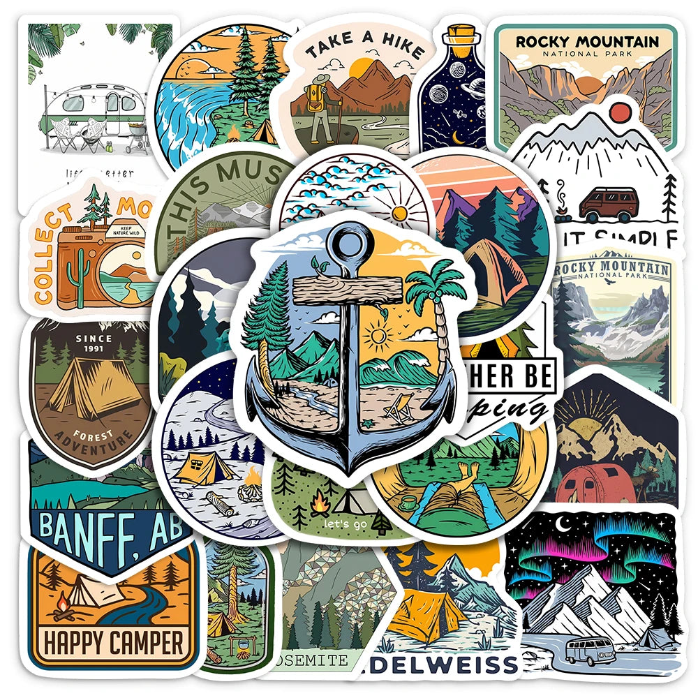 Collection of nature-themed stickers with various designs on a white background
