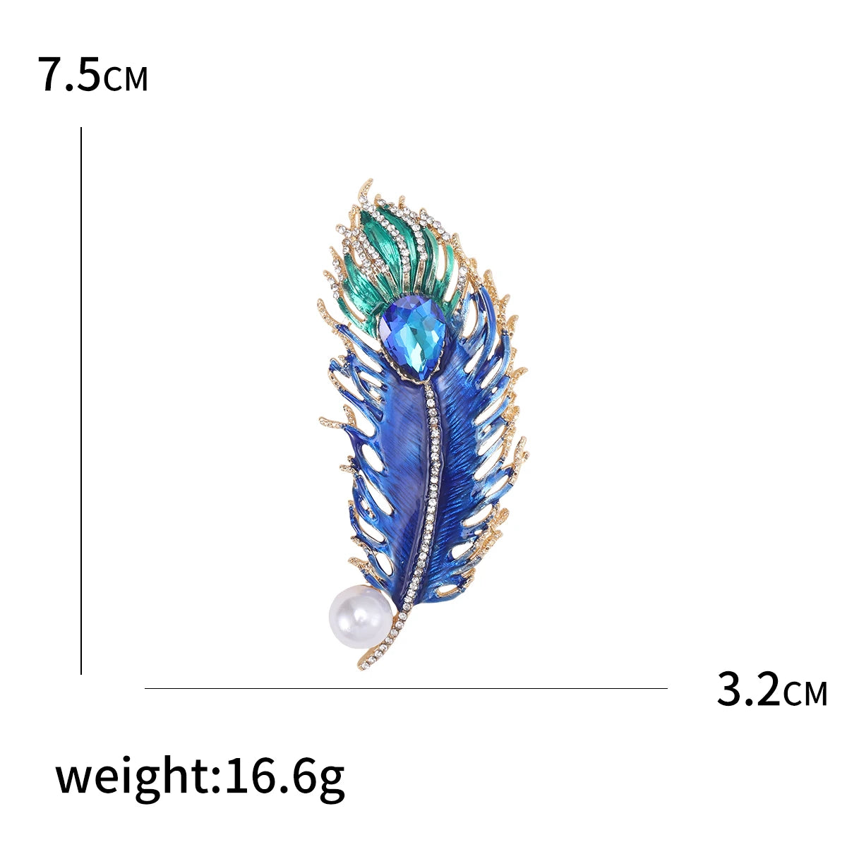 Decorative brooch in blue color with measurements and weight on a white background