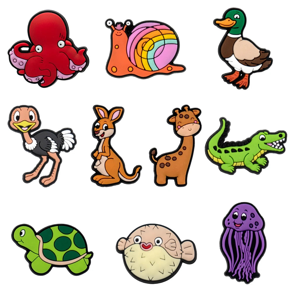 Set of colorful animal shoe charms on a white background