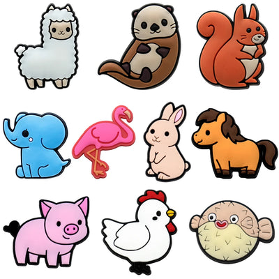 Set of cartoon animal shoe charms on a white background