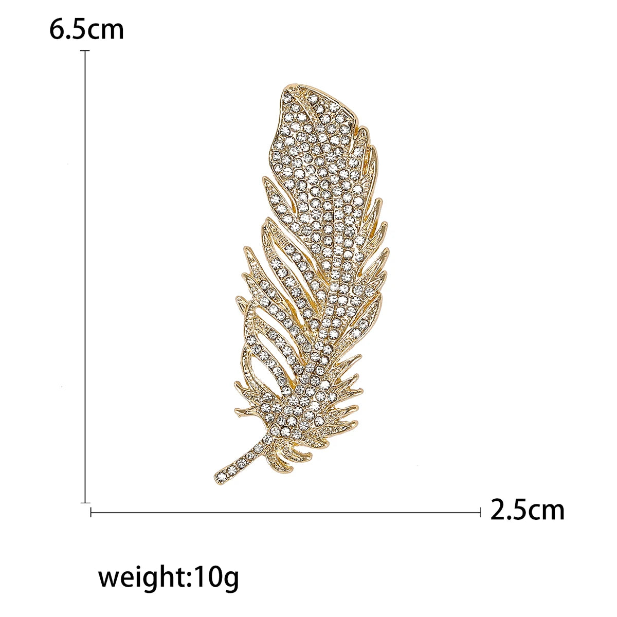 Gold feather-shaped brooch with rhinestones, shown with measurements on a white background.