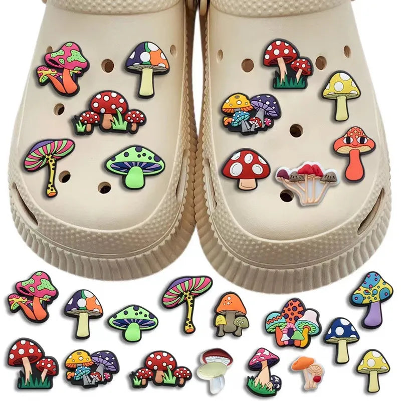 Colorful mushroom-shaped shoe charms on beige shoes with additional charms displayed below.