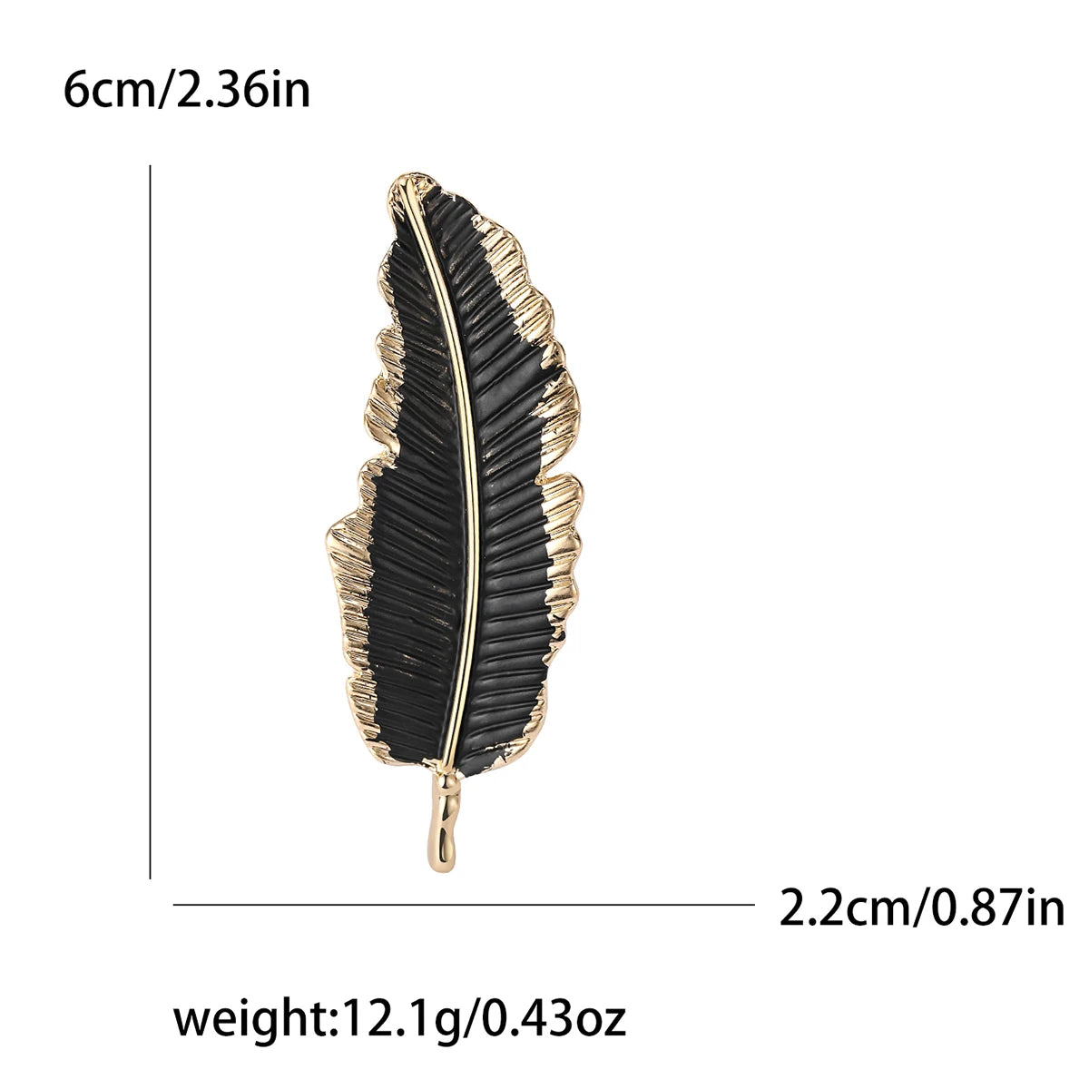 Black feather-shaped brooch with gold accents, shown with measurements on a white background.