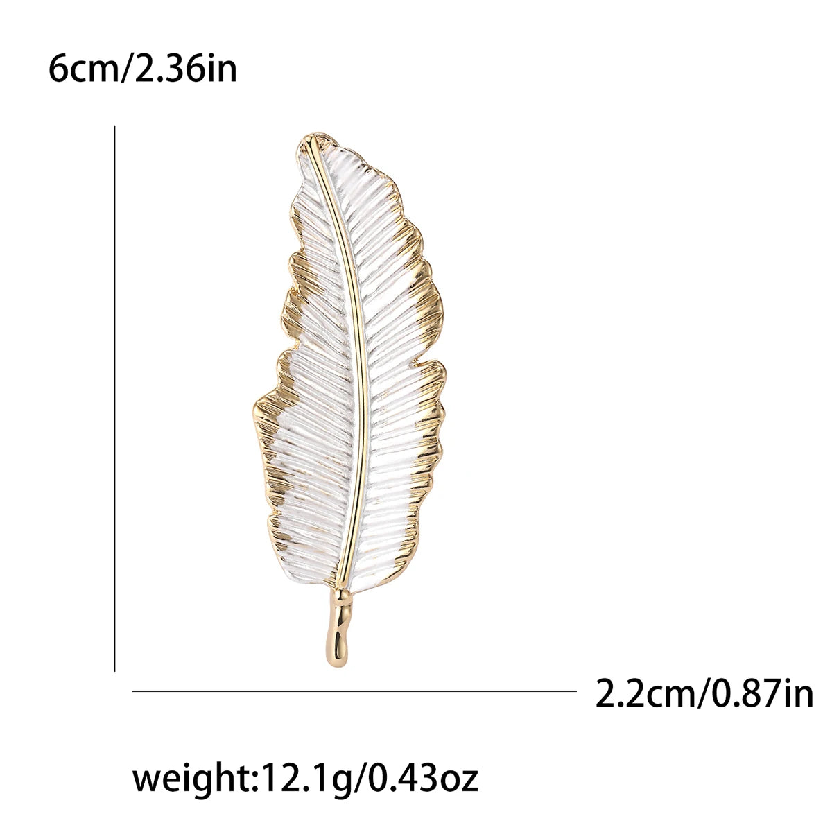 Gold feather-shaped brooch with measurements and weight displayed on a white background